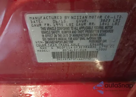 2015 Nissan Sentra Sv из США, поврежденный, VIN 3N1AB7AP3FL667792